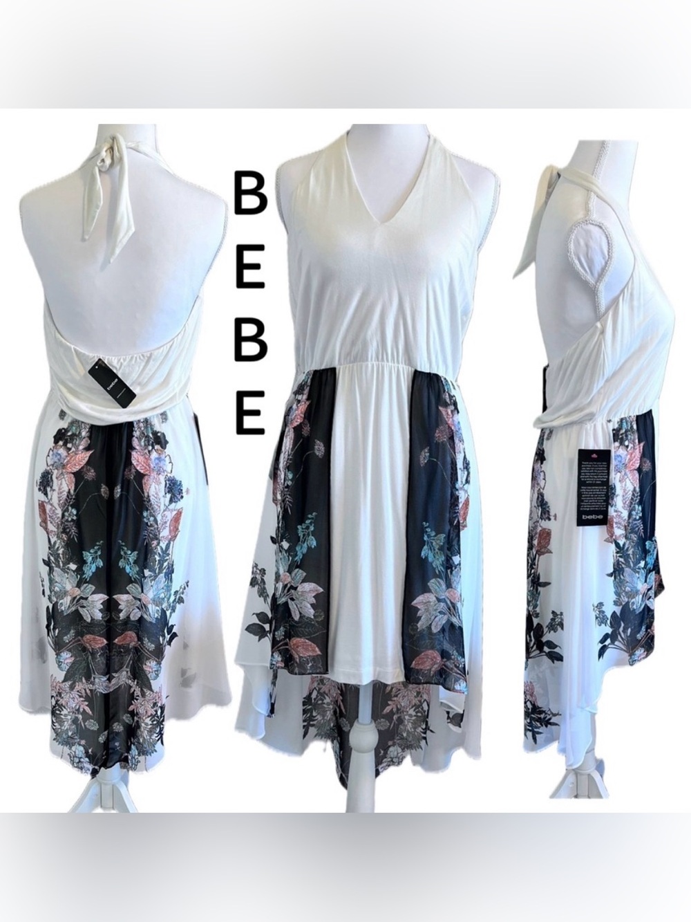 NWT Bebe Tie Halter Chiffon Asymmetrical Floral Dress Stretch Sz Medium